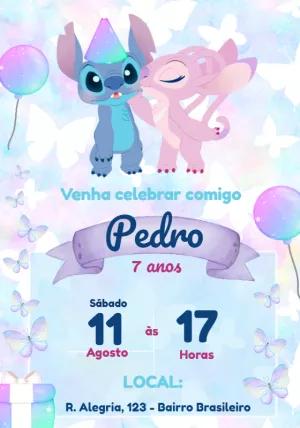 Convite Aniversário Stitch e Angel Aquarela para Editar Online