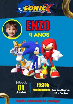 Convite Aniversário Sonic com Foto para Editar Online