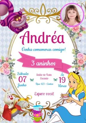 Convite Aniversário Alice no País das Maravilhas com Foto para Editar