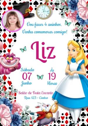 Convite Aniversário Alice no País das Maravilhas com Foto para Editar
