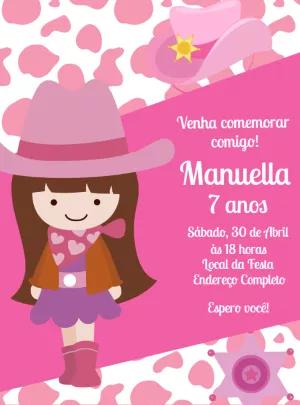 Convite Aniversário Boiadeira Rosa para Editar Online