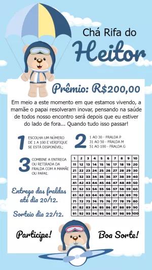 Convite Chá Rifa Ursinho Aviador para Editar Online