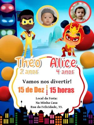 Convite Aniversário Duplo PJ Masks com Foto para Editar Online