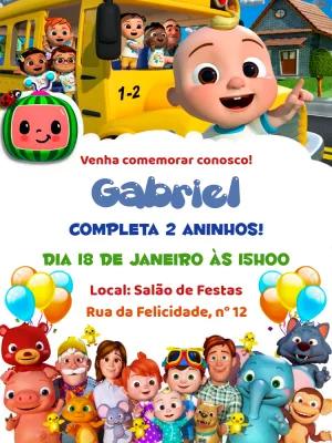 Convite de Aniversário Cocomelon com Personagens para Editar