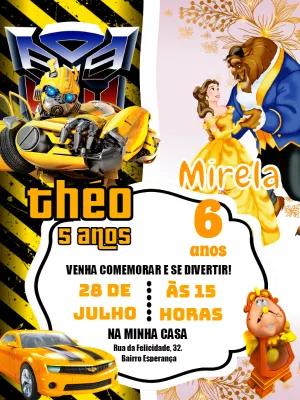 Convite Aniversário Duplo Transformers e a Bela e a Fera para Editar