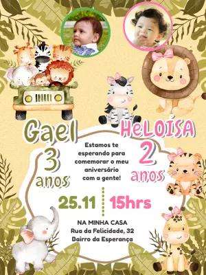 Convite Aniversário Duplo Safari com Foto para Editar Online