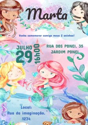 Convite de Aniversário Sereia Aquarela para Editar Online