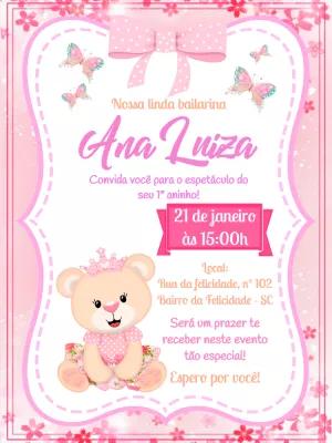 Convite Aniversário Ursinha Bailarina para Editar Online