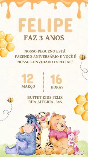 Convite de Aniversário Ursinho Pooh Aquarela para Editar