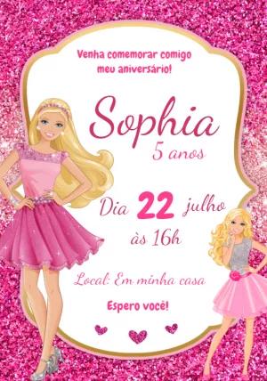 Convite Aniversário Barbie com Glitter Rosa para Editar Online