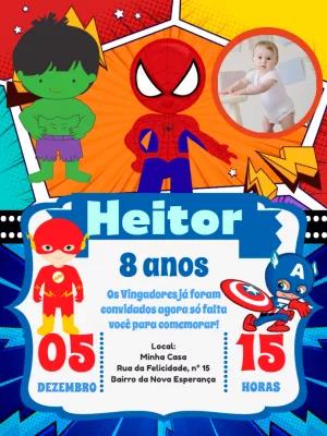 Convite Aniversário Vingadores com Foto para Editar Online