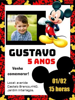 Convite Aniversário Mickey Mouse com Foto para Editar Online