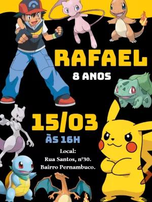 Convite de Aniversário Pokémon com Personagens para Editar Online