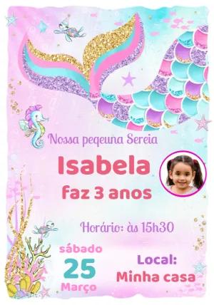 Convite Aniversário Sereia com Foto para Editar Online