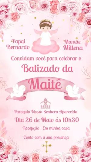 Convite de Batizado Menina Floral Rosa para Editar Online