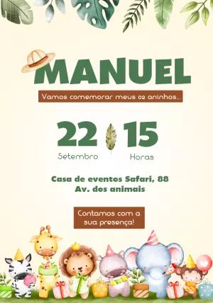 Convite Aniversário Safari com Animais Fofos para Editar Online