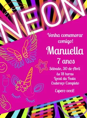 Convite de Aniversário Neon Unicórnio para Editar e Imprimir