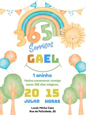 Convite de 1º Aniversário Arco-íris 365 Dias para Editar