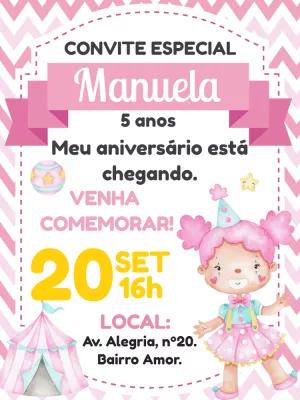Convite Aniversário Circo Rosa com Palhacinha para Editar Online