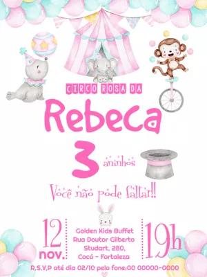 Convite de Aniversário Circo Rosa com Animais para Editar