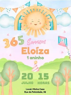 Convite Aniversário 1 Aninho Sol Sorridente para Editar Online