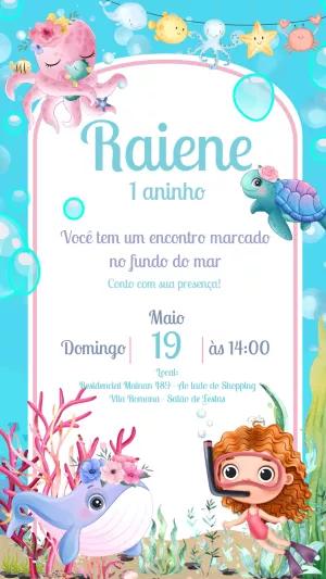 Convite Aniversário Fundo do Mar Menina para Editar Online