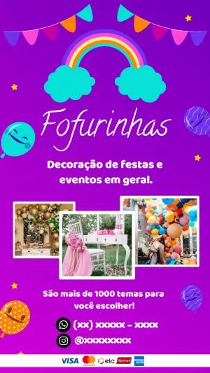 Flyer Editável para Decoradora de Festas com Arco-Íris