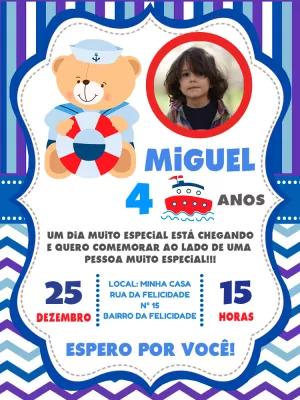 Convite Aniversário Ursinho Marinheiro com Foto para Editar