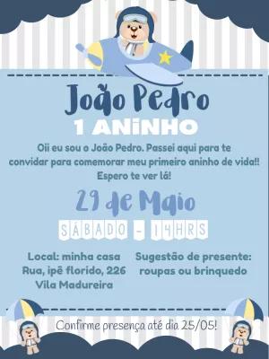 Convite Aniversário Ursinho Aviador para Editar Online
