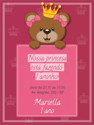 Convite Aniversário Ursinha Princesa para Editar Online