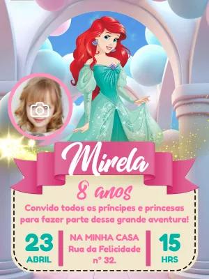 Convite de Aniversário Princesa Ariel com Foto para Editar