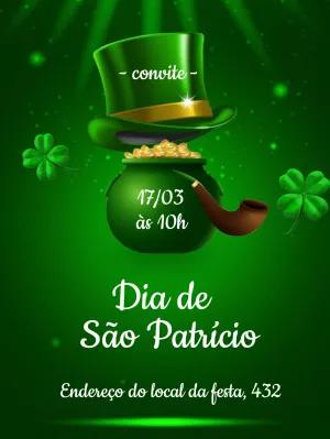 Convite Dia de São Patrício com Trevos e Pote de Ouro Editável