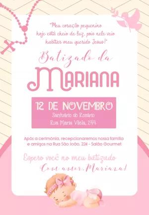 Convite de Batizado Menina Rosa com Terço para Editar Online