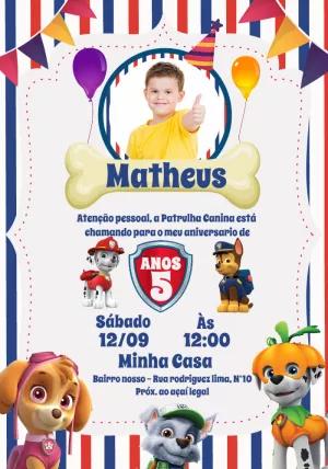 Convite de Aniversário Patrulha Canina com Foto para Editar