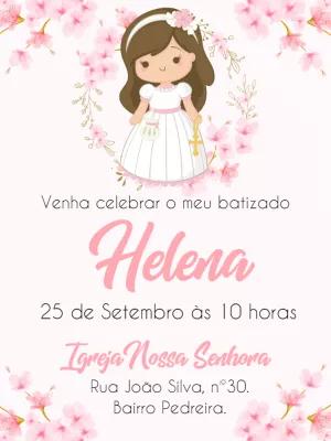 Convite de Batizado Menina com Flores de Cerejeira para Editar