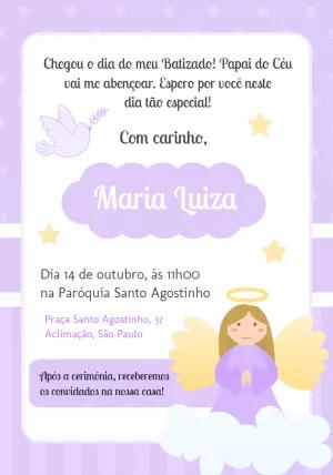 Convite de Batizado Menina Lilás com Anjinha para Editar