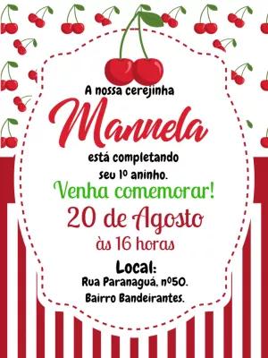 Convite de Aniversário Cereja para Editar Online e Imprimir