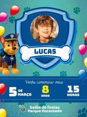 Convite de Aniversário Patrulha Canina com Foto para Editar