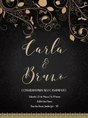 Convite de Casamento Preto e Dourado com Arabescos para Editar