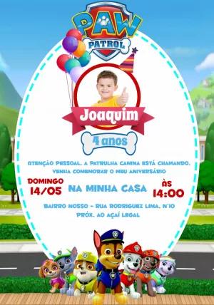 Convite Aniversário Patrulha Canina com Foto para Editar