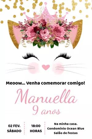 Convite Aniversário Gatinha com Flores para Editar Online