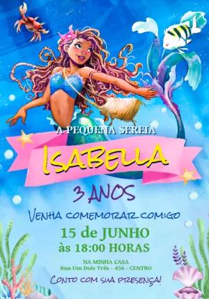 Convite Aniversário Pequena Sereia Negra para Editar Online