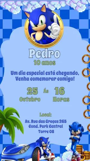 Convite de Aniversário Sonic com Carro de Corrida para Editar