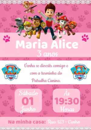 Convite Aniversário Patrulha Canina Rosa para Editar Online