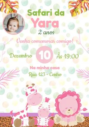 Convite Aniversário Safari Rosa com Foto para Editar Online