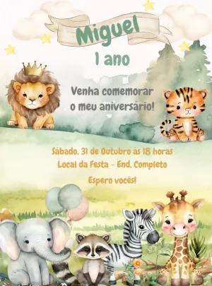 Convite Aniversário Safari com Animais Fofos para Editar Online