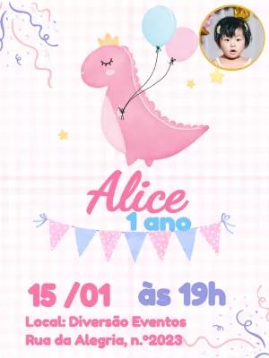 Convite de Aniversário Dinossaura com Foto para Editar Online