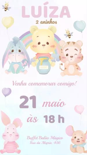 Convite de Aniversário Ursinho Pooh Aquarela para Editar Online