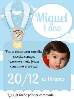 Convite Aniversário Ursinho Baloeiro com Foto para Editar Online