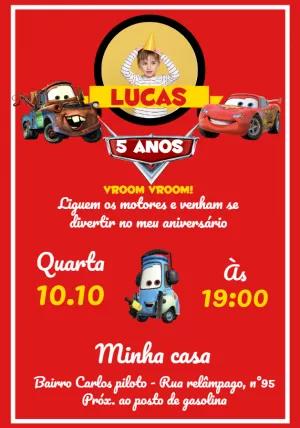 Convite Aniversário Carros com Foto para Editar Online